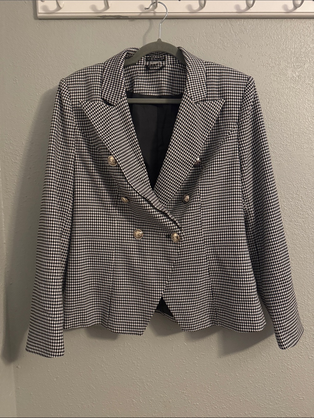VENUS Black & White Houndstooth Double-Breasted Blazer with Gold Buttons